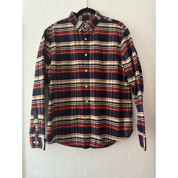 LL Bean Signature Slim Fit Plaid Flannel Shirt Red Blue Cotoon Mid Weight Mens L - Picture 1 of 13
